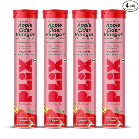 PLIX Apple Cider Vinegar Effervescent Tablet with mother | Supports Metabolism & Appetite Control I With 500mg ACV, Vit B6 & B12 I No Maltodextrin, No Added Sugar I Pack of 4 (60 tablets)